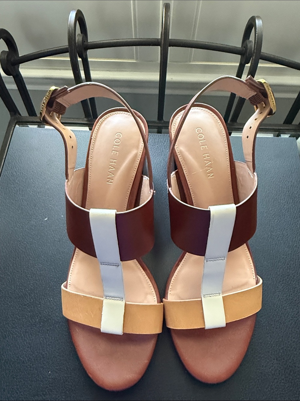 Cole Haan Color Block Leather Slingback Sandals in Brown, Tan and White